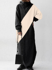 Contrasting Casual Zipper Hooded Sweatshirt Maxi Dress