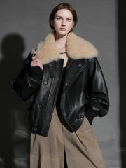 Trendy Shearling Collar Leather Jacket for Women – Short Moto Style PU Coat for Fall Winter