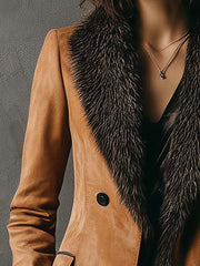 Eco-friendly Suede Double-Breasted Jacket With Faux Fur Collar & Cuffs