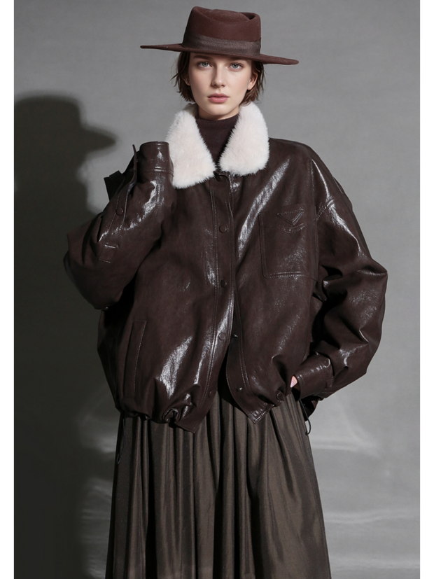 Luxury Sheepskin Down Jacket – Short Oil-Wax Leather Coat with Mink Fur Collar & Goose Down Fill, Winter Outerwear