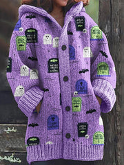 Halloween Horror Movie Inspired Pattern Cozy Knit Hooded Cardigan