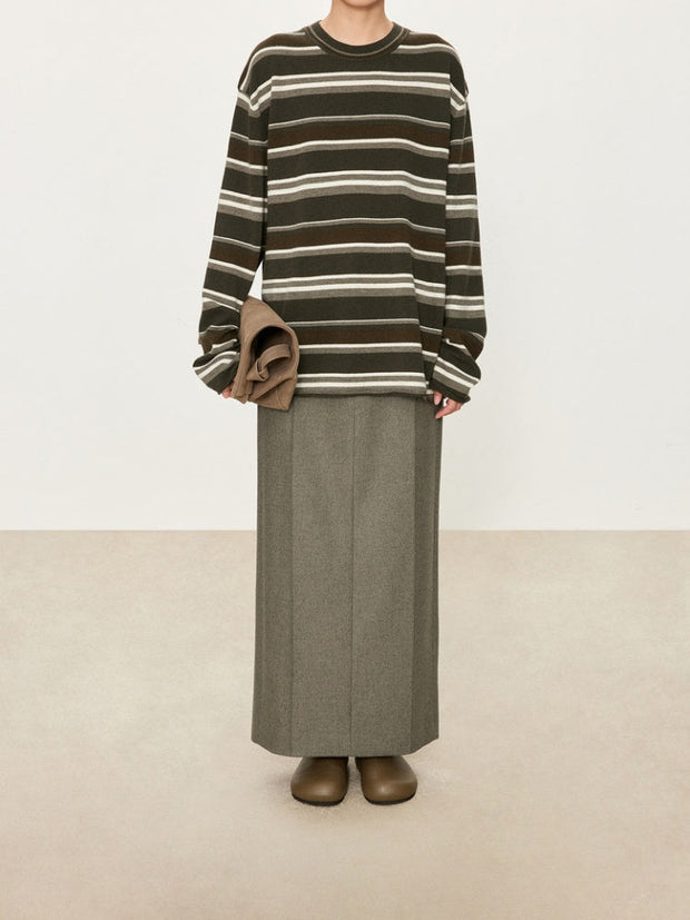 Wide Stripe Wool Knit Sweater for Women – Soft and Cozy Round Neck Pullover for Autumn/Winter