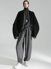 Old Money Style Batwing Sleeve Cardigan Coat for Women – Double-Faced Alpaca Wool Cape with Leather Trim and Speckled Dot Detail