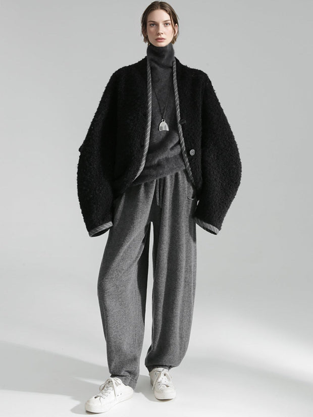 Old Money Style Batwing Sleeve Cardigan Coat for Women – Double-Faced Alpaca Wool Cape with Leather Trim and Speckled Dot Detail