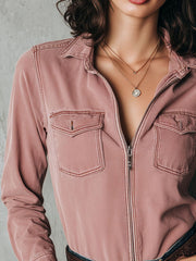 Retro Chest Pockets Dusty Rose Pink Western Zip-Up Cotton Shirt