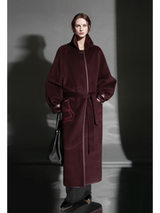 Chain Pattern Wool Coat for Women – Double-Faced Alpaca Wool Overcoat with Leather Trim, Chic Oversized Silhouette Winter Outerwear