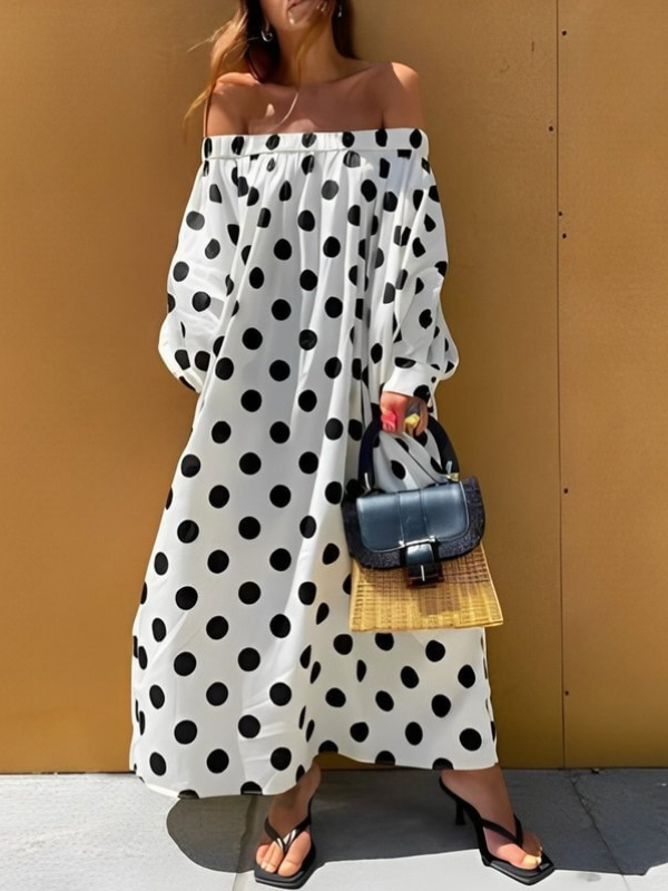 One-Line Shoulder Long Sleeve Polka Dot Loose Maxi Dress