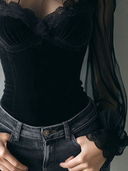 Chic Black Velvet Sheer Sleeves Corset Top With Lace Trim