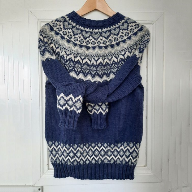 Unisex Vintage Icelandic Navy Blue Knit Jacquard Warmth Crew Neck Sweater