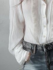 Vintage Lace Trim Long Sleeve Cotton Blouse