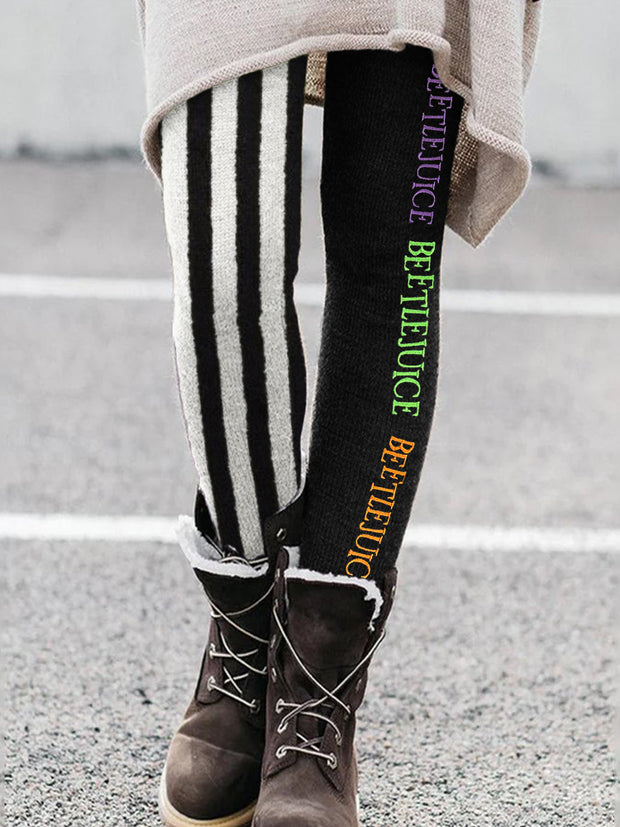 Vintage Halloween Horror Movie Embroidered Striped Contrast Leggings