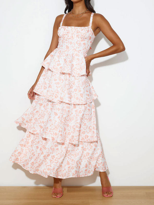 Tie up printing maxi dress