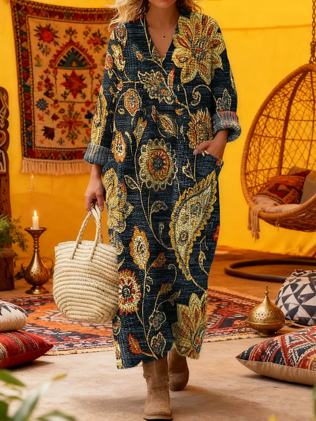 Women's Folk Floral Paisley Print V-Neck Knit Pocket Dress