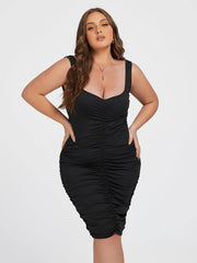 Plus Black V Neck Ruched Bodycon Midi Dress