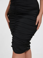 Plus Black V Neck Ruched Bodycon Midi Dress