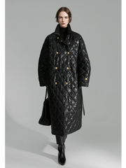 Quilted Lambskin Down Coat for Women – Elegant Mid-Length Slim Fit Jacket with Waist Design, White Duck Down Winter Outerwear