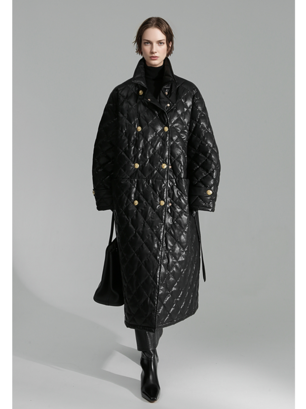 Quilted Lambskin Down Coat for Women – Elegant Mid-Length Slim Fit Jacket with Waist Design, White Duck Down Winter Outerwear