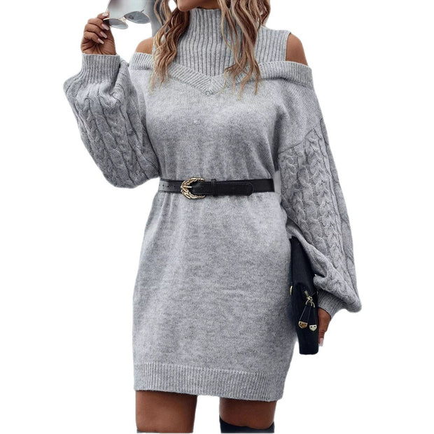 Half Turtleneck Off-the-shoulder Long Sleeve Knitted Dress