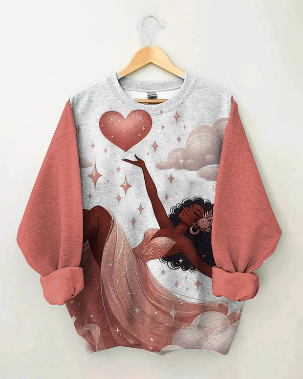 Love Stars Black Girls Printed Color Matching Long Sleeve Sweatshirt for Women