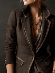 Vintage-Inspired Contrast Edges Chocolate Brown Blazer