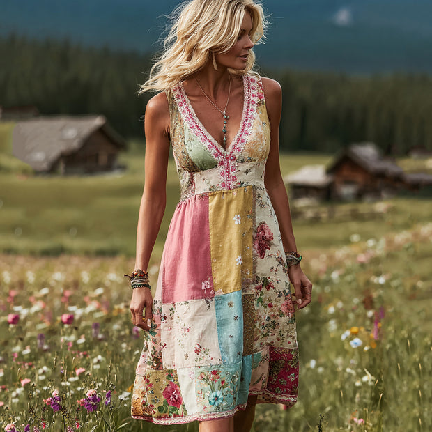 Women's Boho Floral Patch Art Comfy Midi Dress