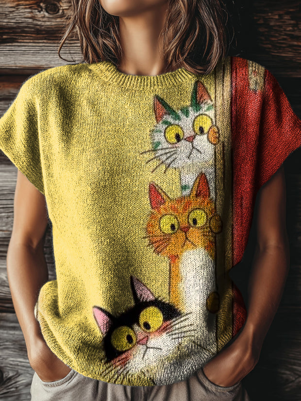 Women's Cute Cat Art Print Casual Crew Neck Short Sleeve Knitted Sweater