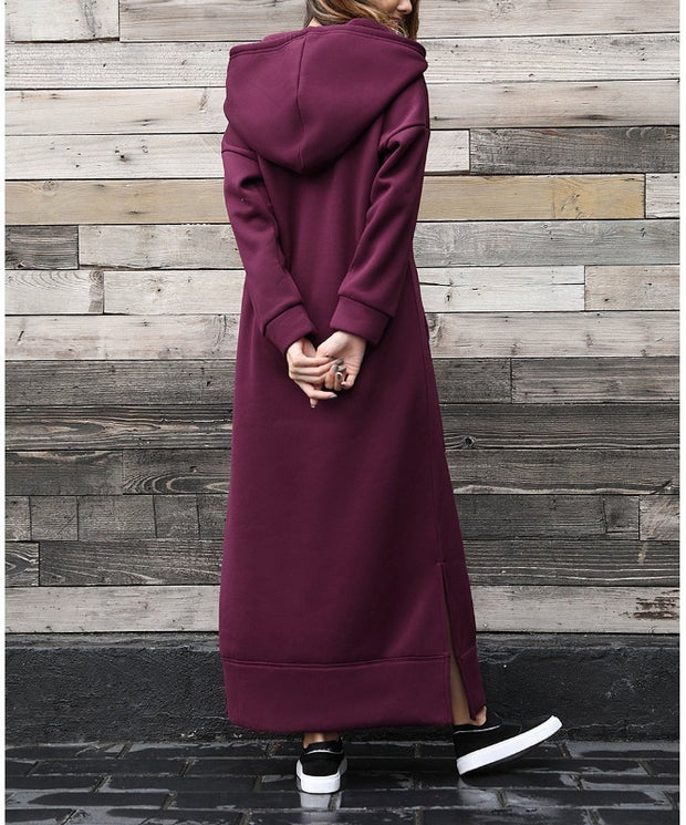 Autumn Winter New Loose Velvet Casual Fashion Big Pocket Knitted Hooded Maxi Dress