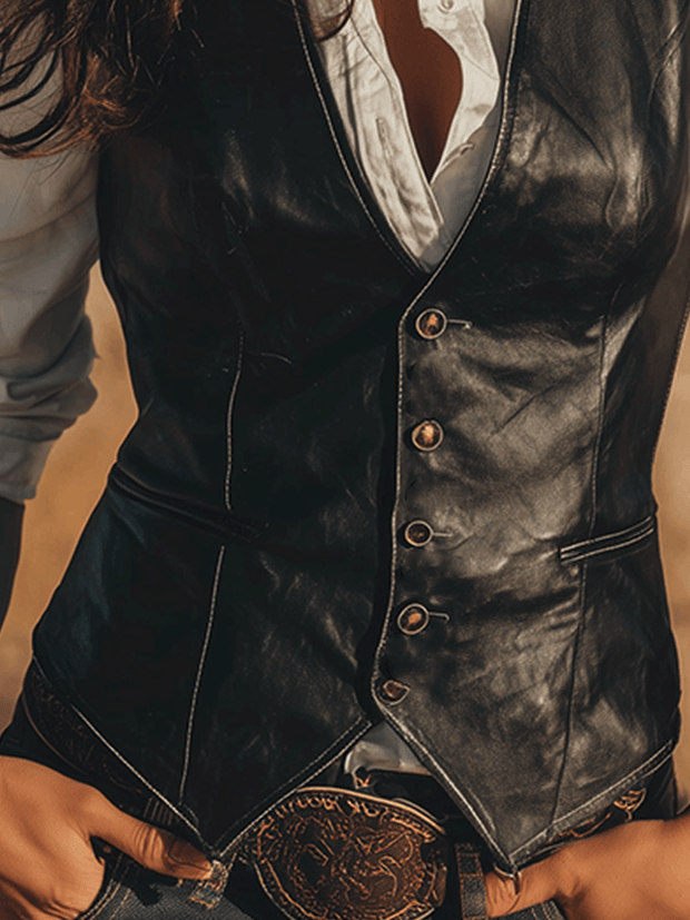 Vintage Western Black Faux Leather Vest