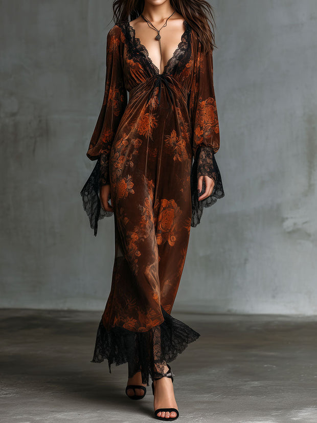 Boho Deep V Neck Floral Print Velvet Gown Dress With Lace Trim