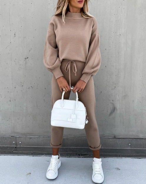 Casual Solid Color High Collar Pencil Pants Suits