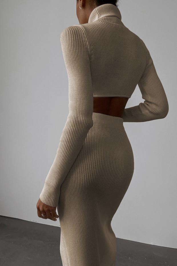 Fitted Turtleneck Top and Slit Skirt Two-piece Set