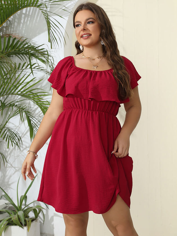 Plus Plain Off Shoulder Ruffle Elastic Waist Dress