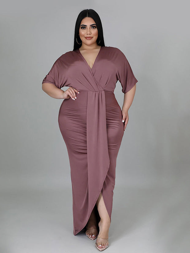 V-Neck Ruched Ditsy Slit Bodycon Dress