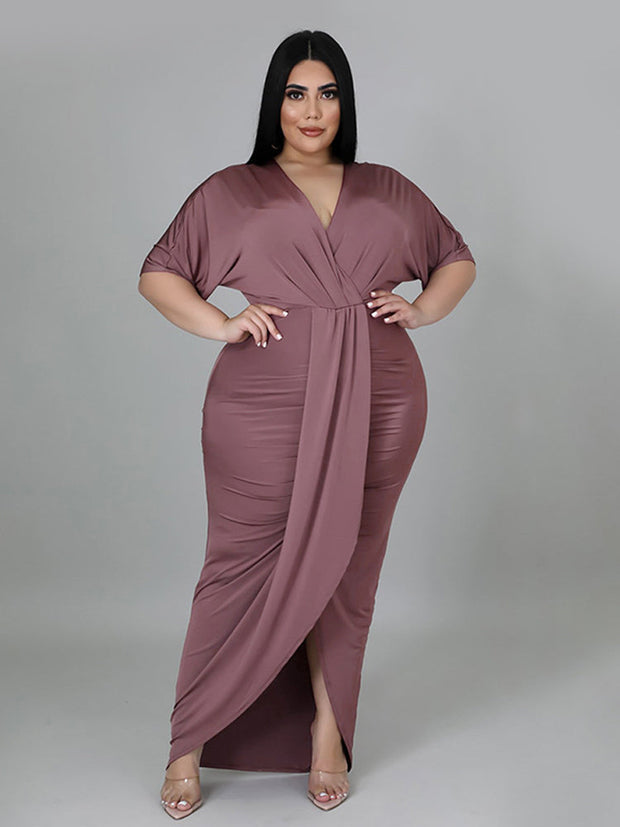 V-Neck Ruched Ditsy Slit Bodycon Dress