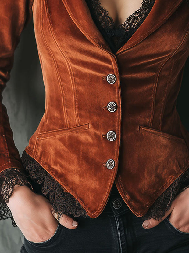 Burnt Orange Velvet Corset Tailored Jacket With Lace Trim