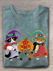 Halloween Retro Cat Crew Neck T-shirt