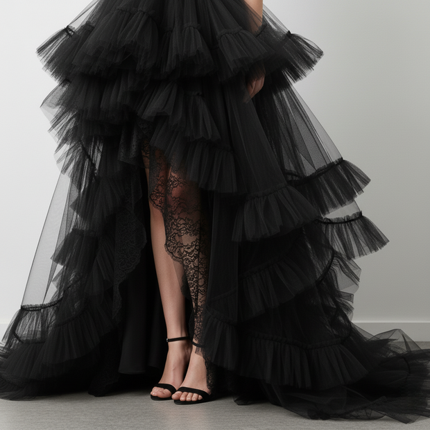Elegant Black Tiered Ruffle High-Low Gown