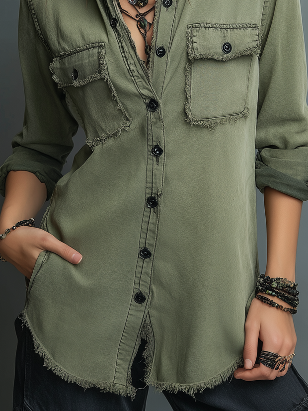 Vintage Raw Edge Long Sleeve Washed Blouse