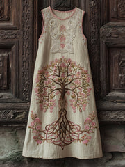 Pink Celtic Tree Of Life Embroidered Linen Midi Tank Dress