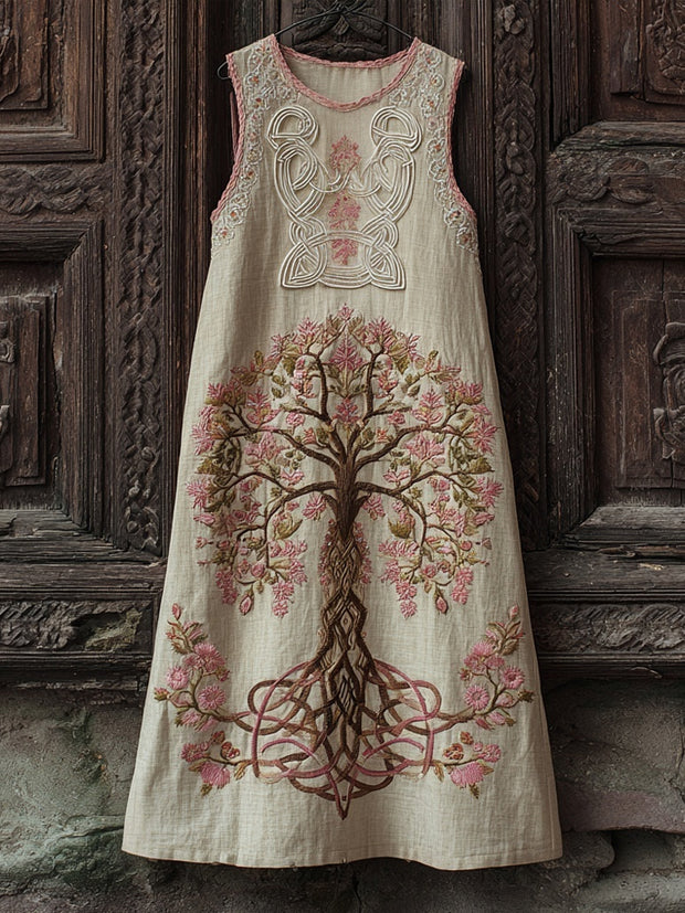 Pink Celtic Tree Of Life Embroidered Linen Midi Tank Dress