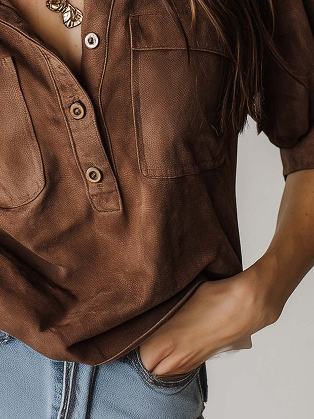 Maroon Micro-suede Pocket Henley Shirt