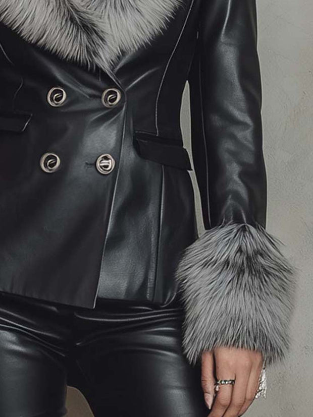 Eco-Leather Double-Breasted Jacket With Faux Fur Collar & Cuffs