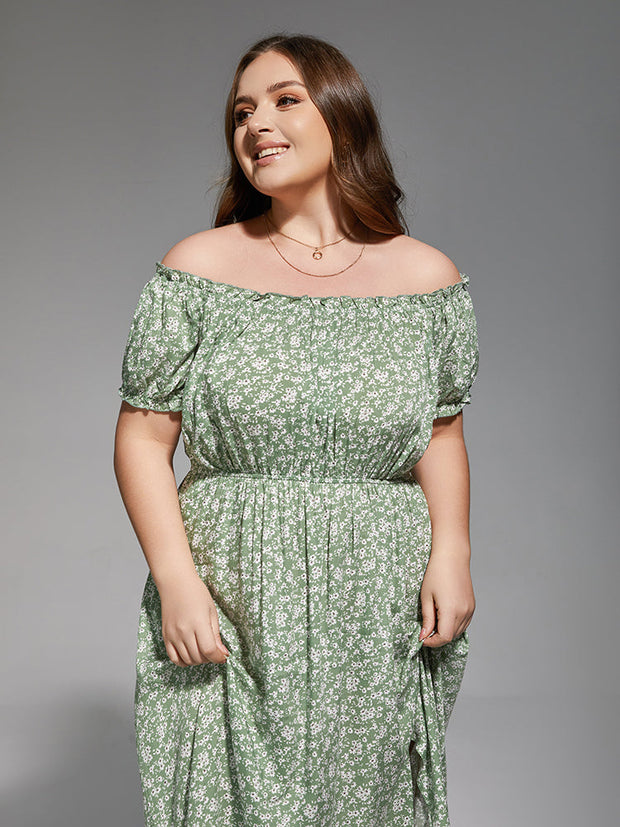 Plus Sage Green Floral Off-Shoulder Maxi Dress