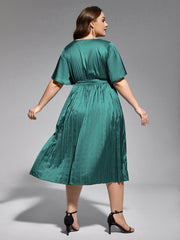 Plus Green Ruffle Sleeve Elastic Waist Midi Dress