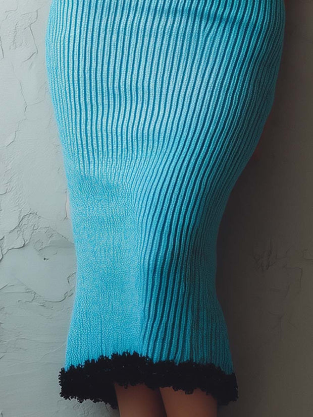 Vintage-Inspired Square Neck Contrast Lace Knit Dress