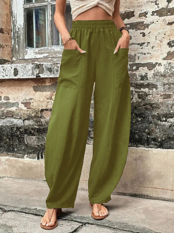 Loose Plus Size Elasticity Pockets Solid Color Pants