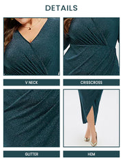 V-Neck Wrap Hem Ruched Glitter Midi Dress