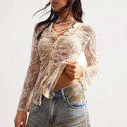 V-neck long-sleeved lace see-through Top