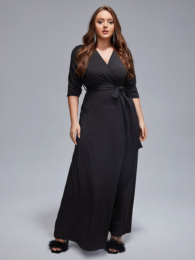 Plus V-Neck Tie Front Maxi Dress