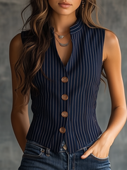 Vintage Henley Neck Sleeveless Striped Tank Top